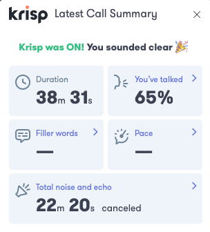 Call summary for Krisp that shows the percentage of your talk time